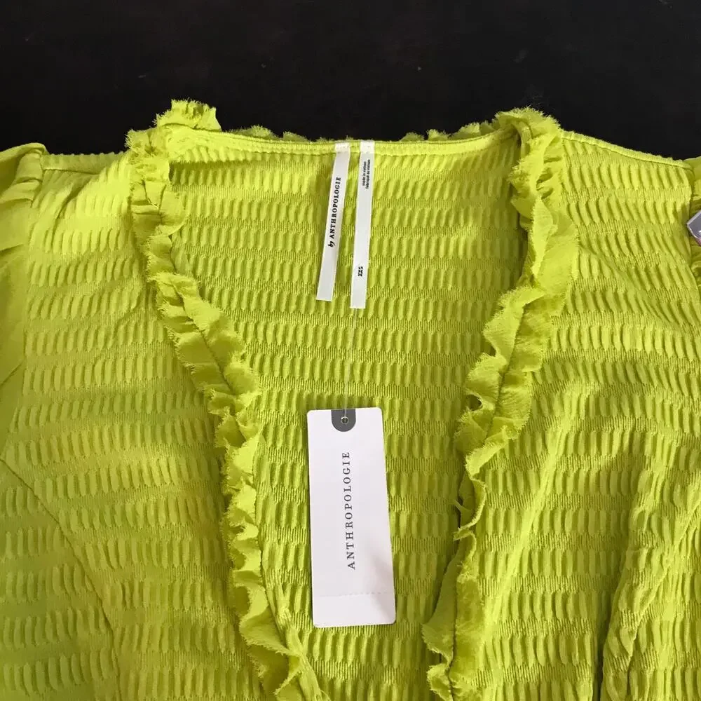 By Anthropologie Deep V Puff Sleeve Bodysuit XXS Green Smocked NWT